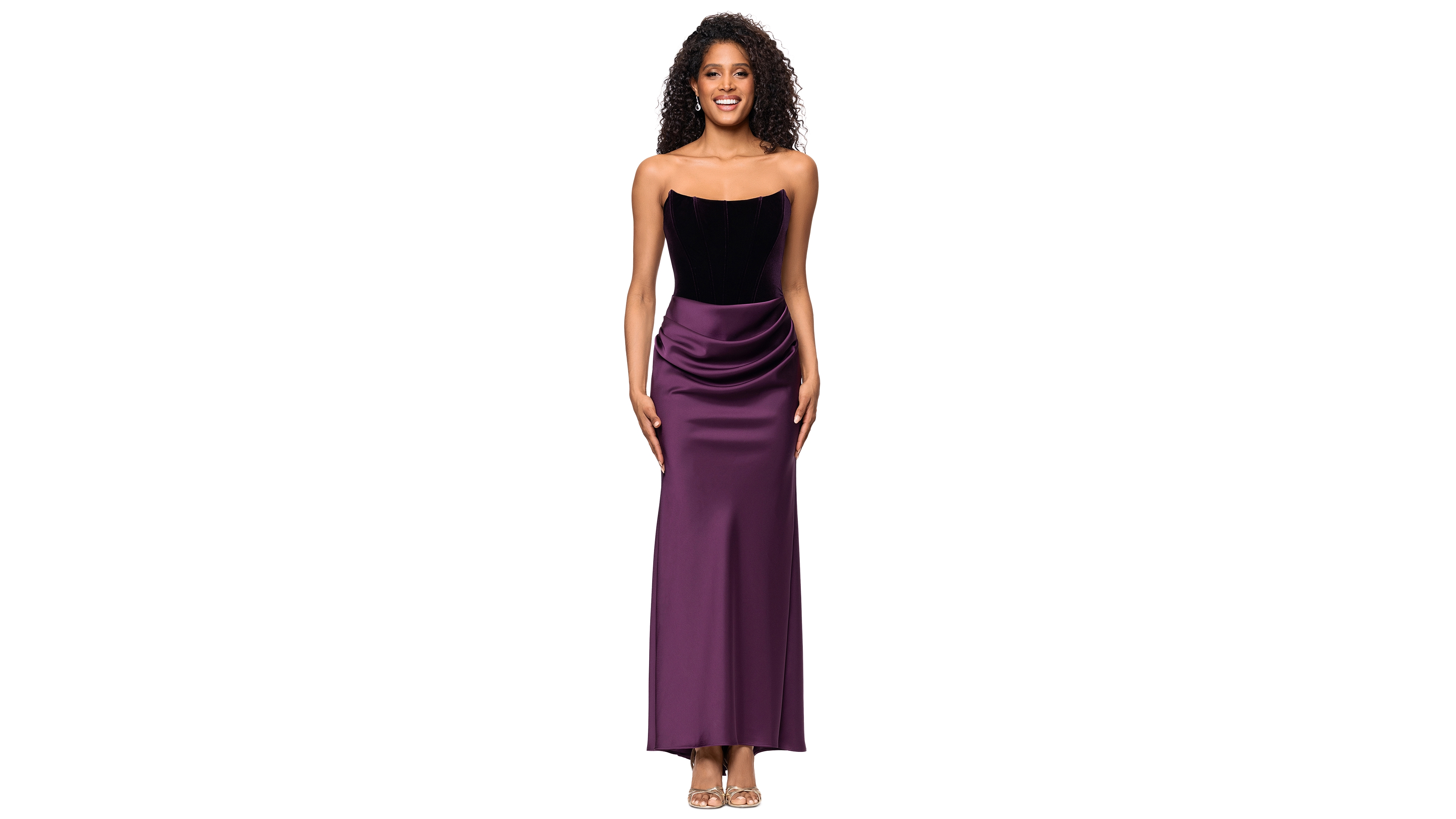 Betsy & Adam Petite Lynn Strapless Velvet Wedding Guest Gown