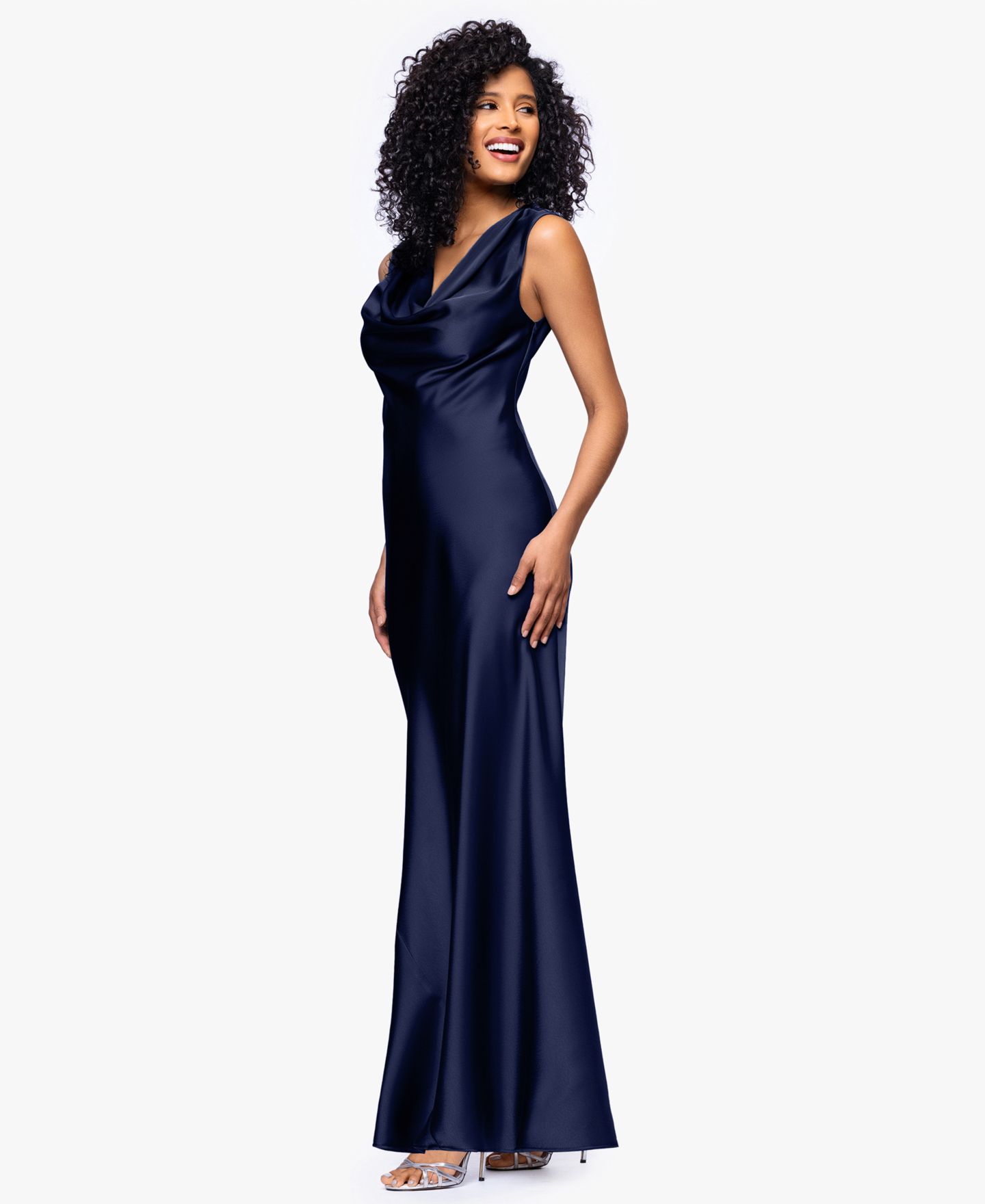Женское платье Betsy & Adam Petite Cowl Neck Gown, цвет: Тёмно-синий — фото 2