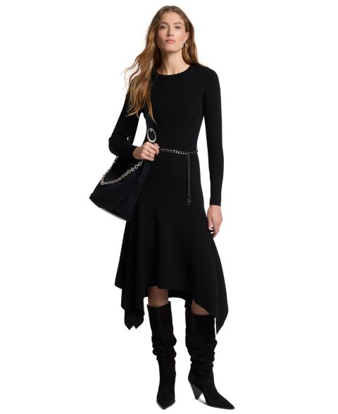 Женское платье Michael Kors Merino Wool-Blend Handkerchief Hem Midi Sweater Dress, цвет: Чёрный