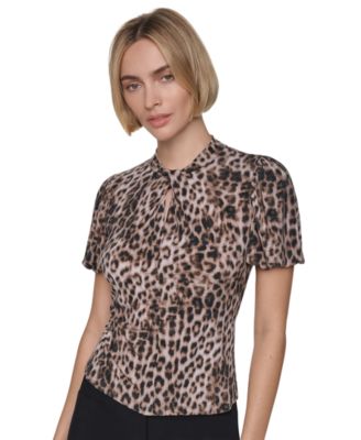 Petite Balloon-Sleeve Keyhole Blouse
