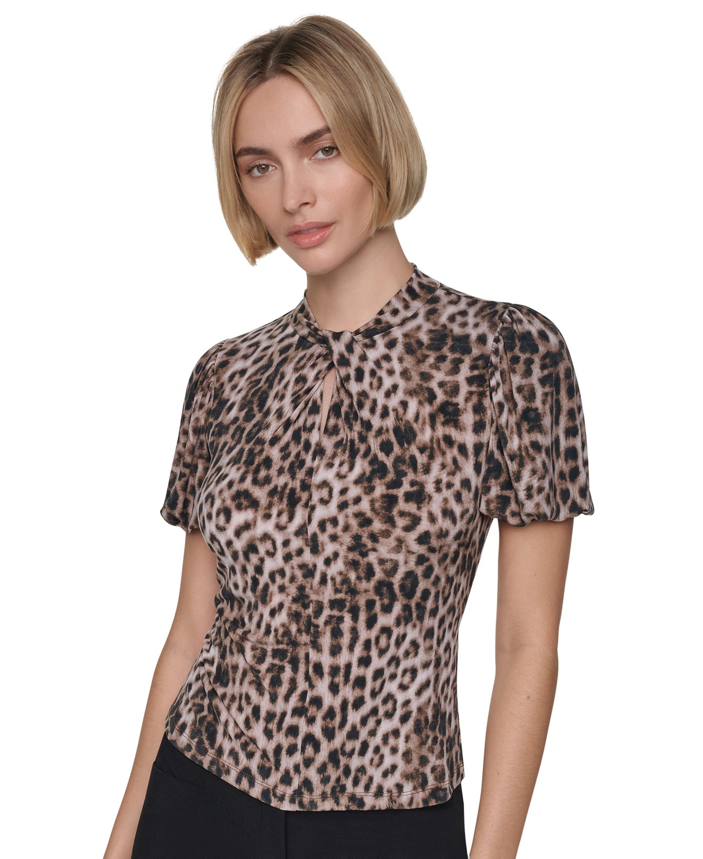 Женская блузка DKNY Petite Balloon-Sleeve Keyhole Blouse, цвет: Берёзовый / Разноцветный — фото 1