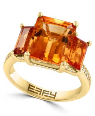 Citrine Three Stone Emerald Cut Ring (7-1/3 ct. t.w. Citrine, 1/4 ct. t.w. Diamond) in 14k Yellow Gold