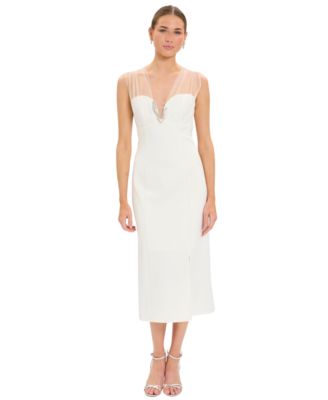 Women's V-Neck Sheer-Sequin-Lace Front-Slit Midi Dress