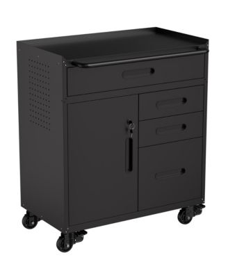 Rolling Tool Cabinet with Drawers Lockable Compartment Pegboard Steel