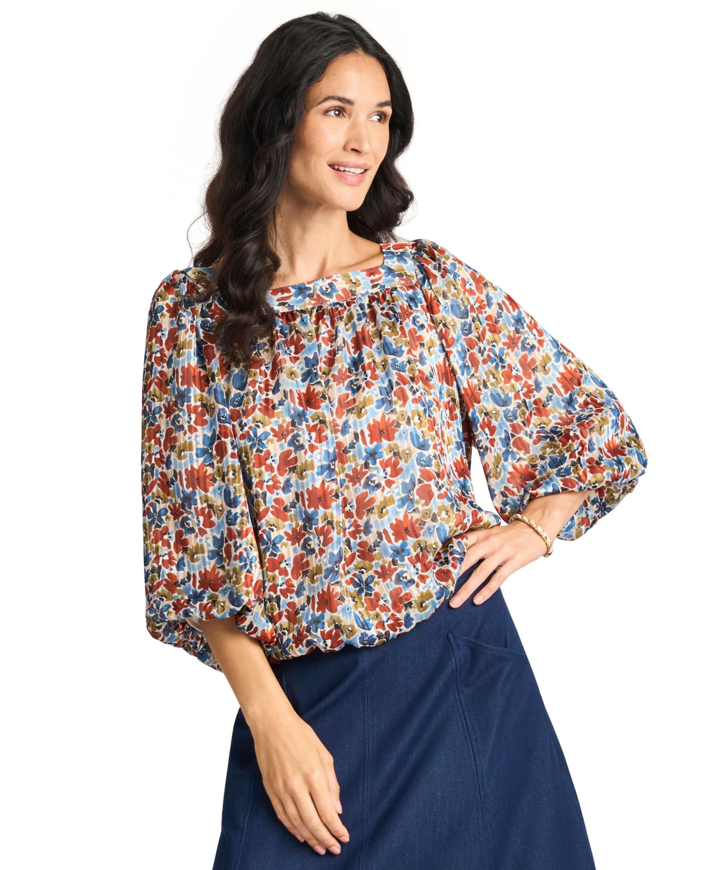Женская блузка Vince Camuto Floral Square Neck 3/4-Sleeve Blouse, цвет: Джинсовый тёмно-синий — фото 11