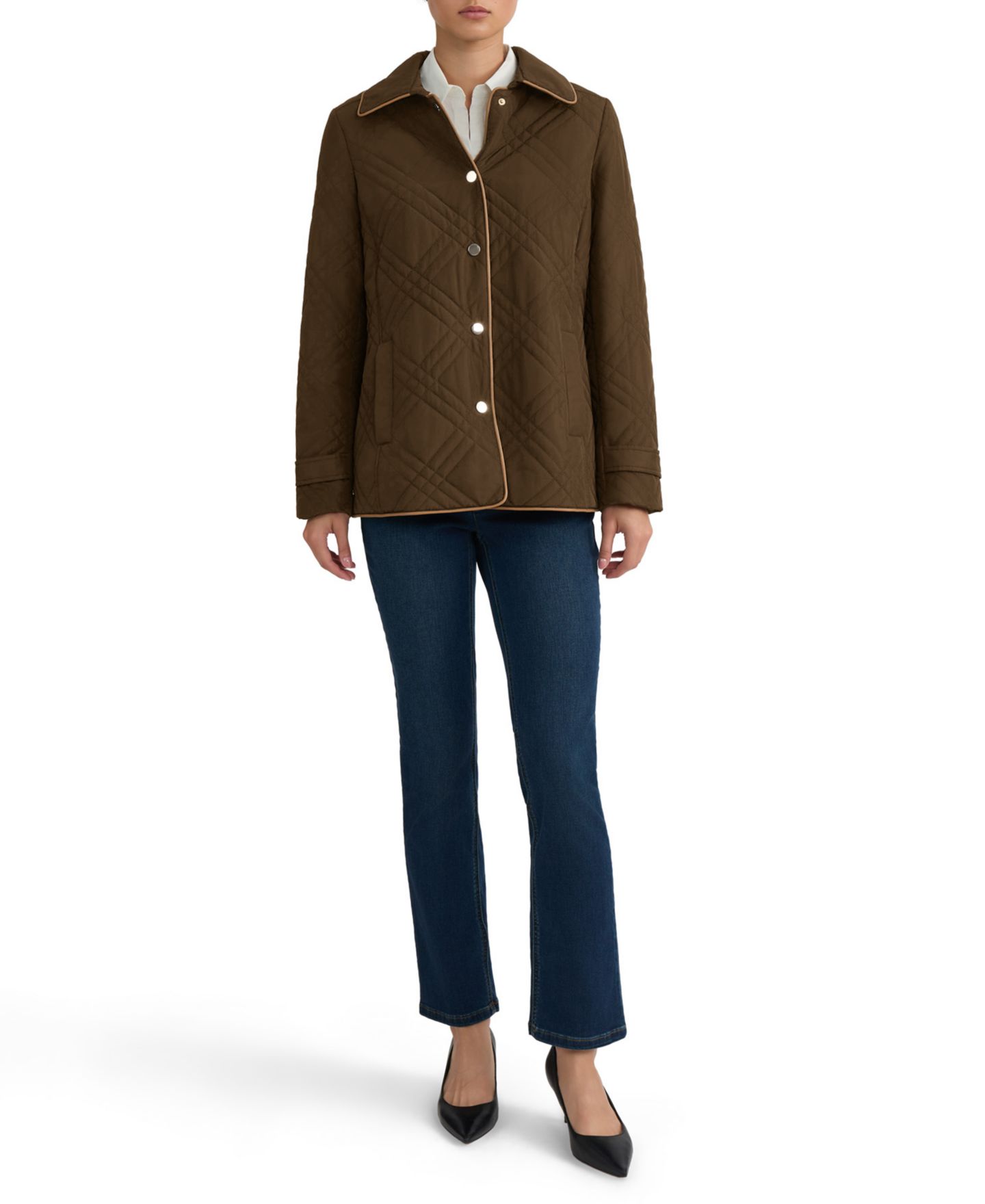 Женская куртка Jones New York Petite Quilted Faux Leather Trim, цвет: Кофейный — фото 2