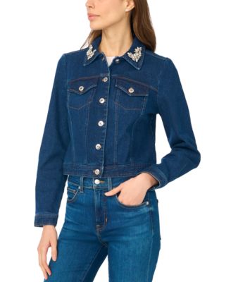 Women's Crystal Collar Puff Sleeve Cropped Denim Jacket