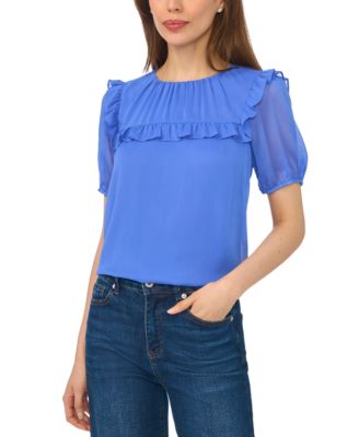 Women's Elbow-Length Ruffle-Yoke Chiffon Blouse
