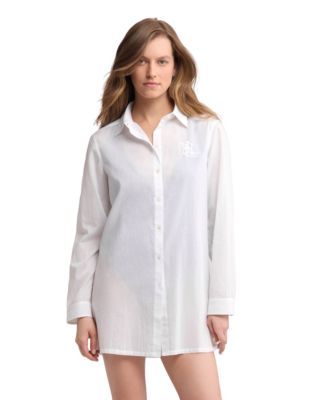 Women's Logo Embroidered V-Neck Shirt Cover-Up