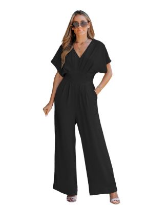 Women's V-Neck Short Sleeve Straight Leg Jumpsuit