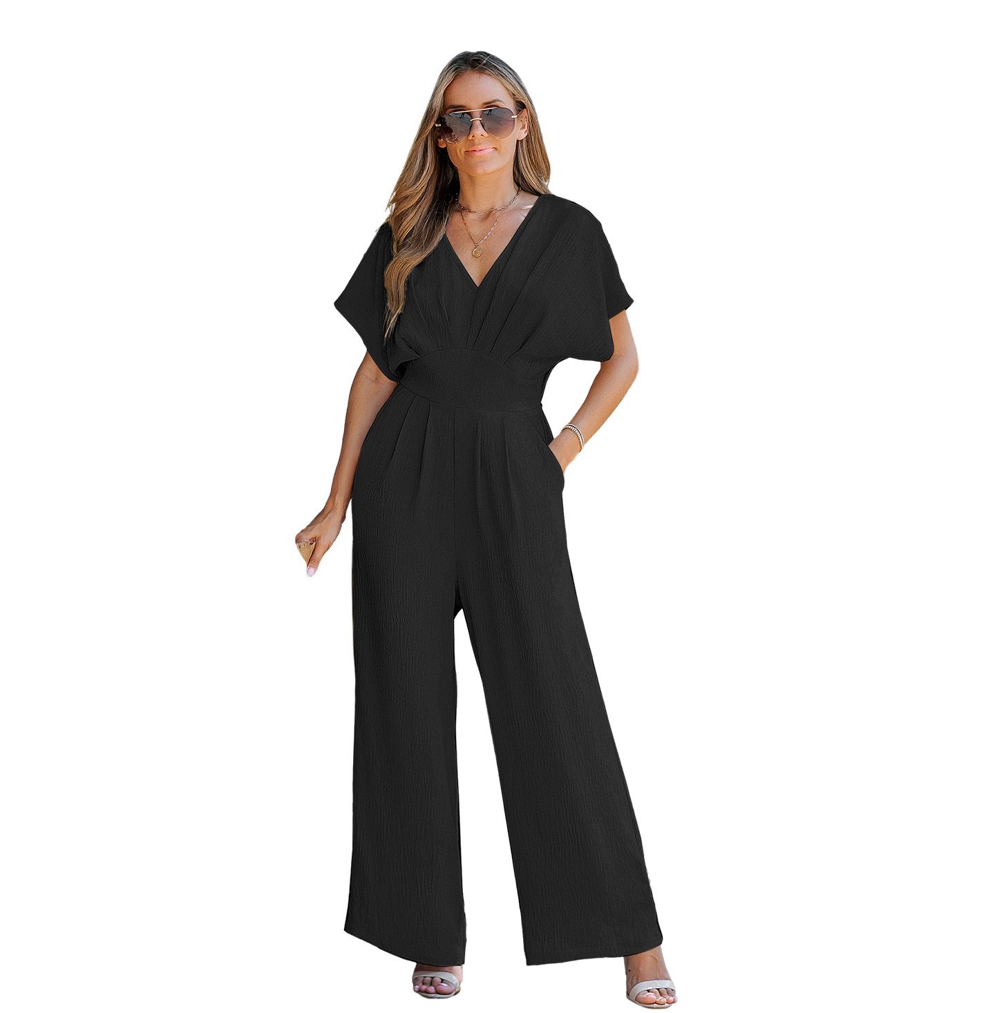 Женский комбинезон Cupshe V-Neck Short Sleeve Straight Leg Jumpsuit, цвет: Чёрный — фото 1