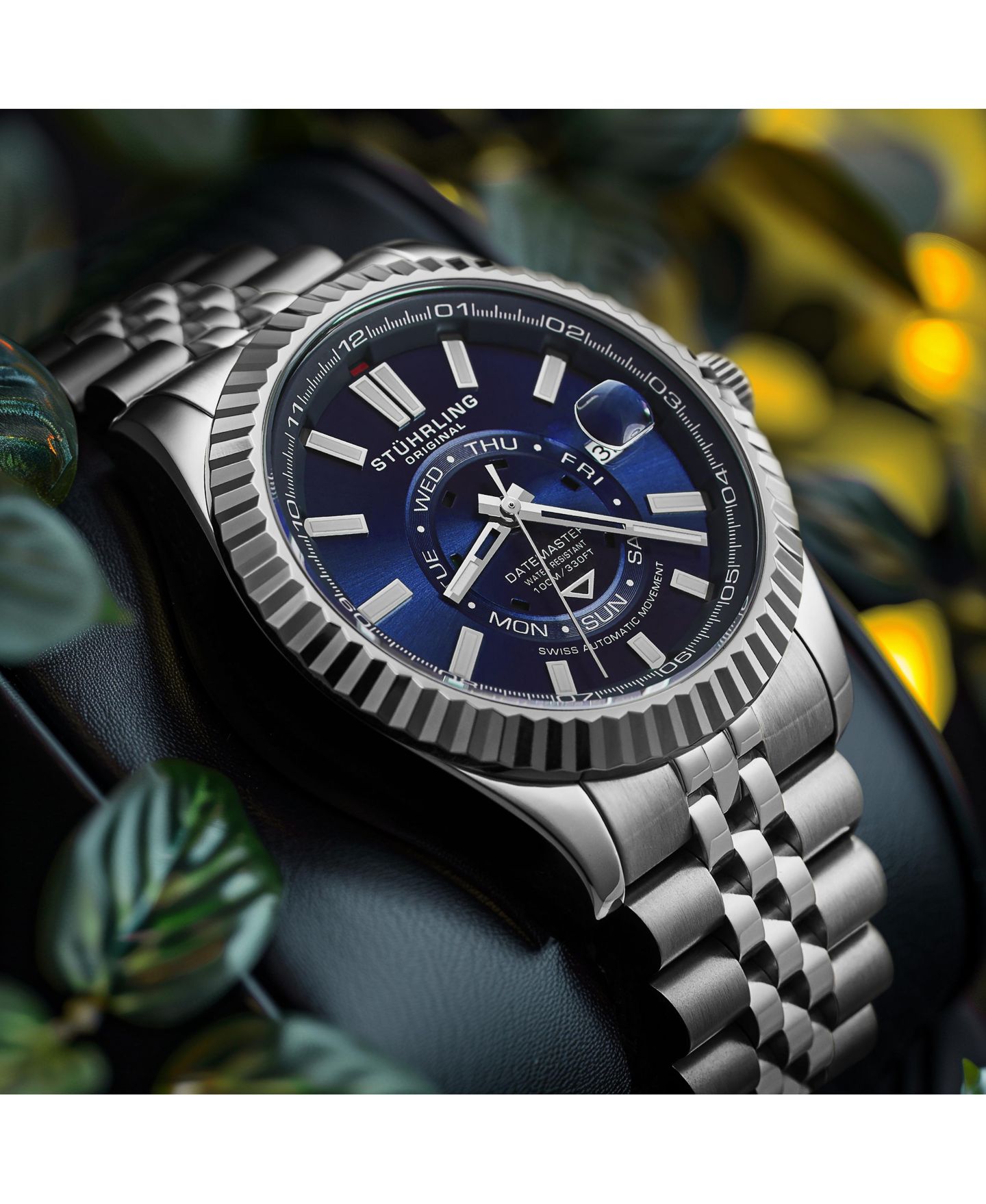 Часы Stuhrling Datemaster II Men s Swiss Automatic 42mm Stainless Steel Watch, Blue Dial, Fluted Bezel, Day & Date, 100M Water Resistant — фото 5