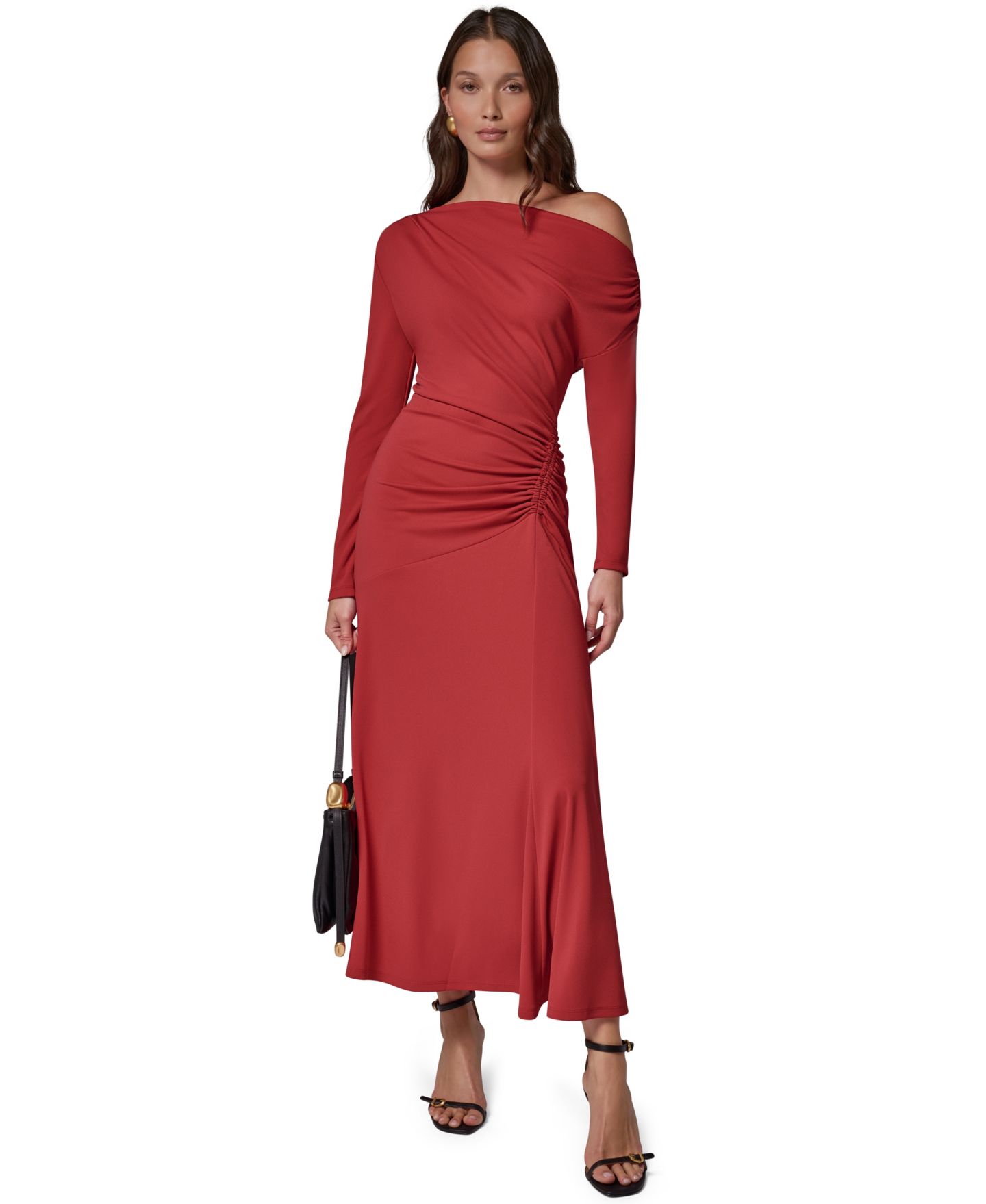 Женское платье Donna Karan New York Off-the-Shoulder Long-Sleeve Ruched Maxi, цвет: Красный — фото 1