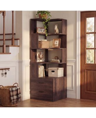 Small 6-Tier Corner Bookcase with 2-Drawers, BookShelf for Bedroom Storage