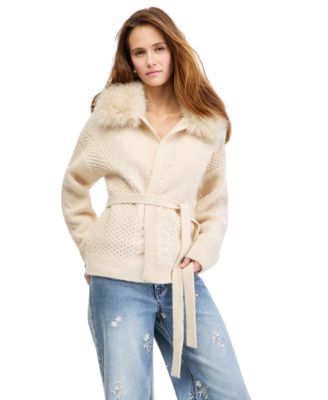 Petite Cable Knit Faux-Fur Collar Tie-Belt Cardigan Sweater