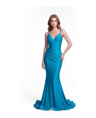 Women's Plunge-Neck Ruched Mermaid Gown