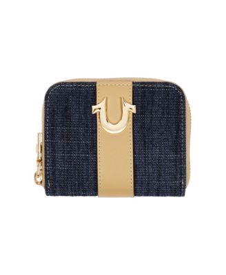 Denim and PU Small Zip Around Wallet with Horseshoe Hardware