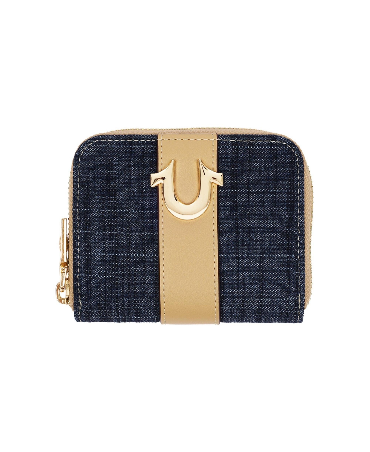 True Religion Denim and Pu Small Zip Around Wallet with Horseshoe Hardware