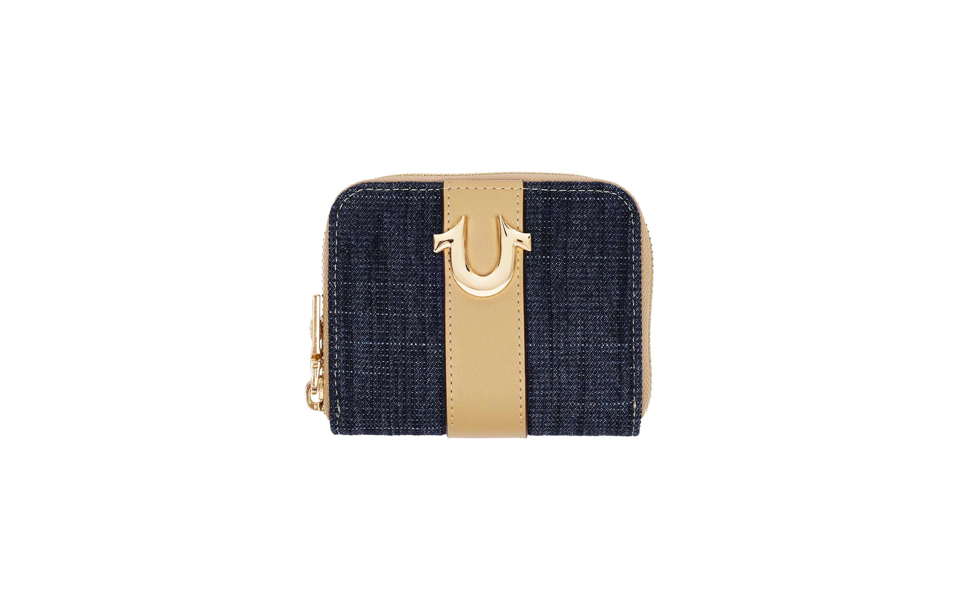 True Religion Denim and Pu Small Zip Around Wallet with Horseshoe Hardware