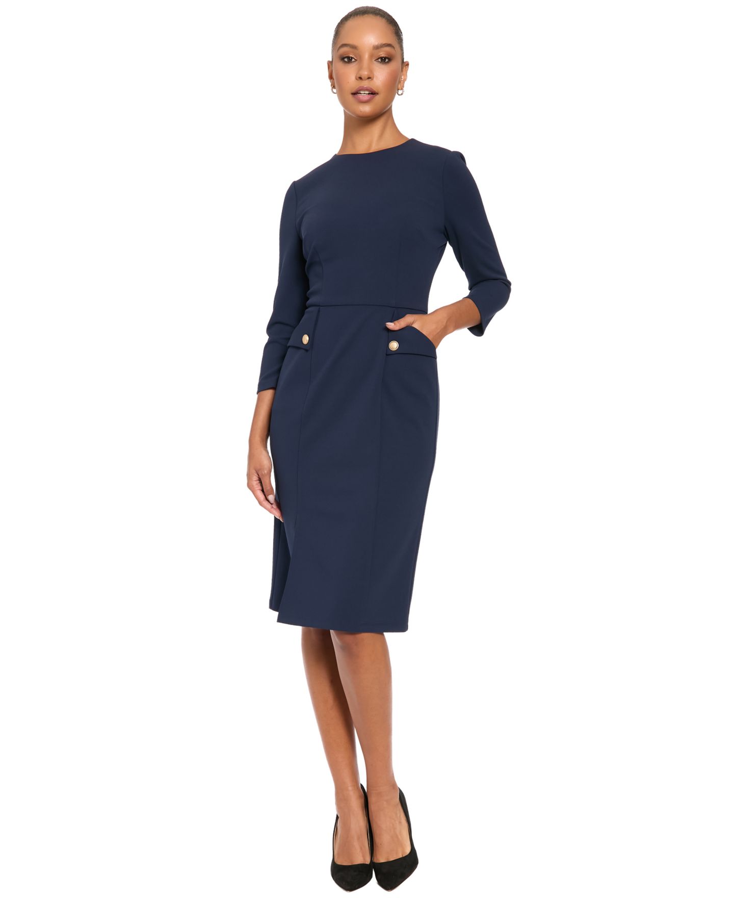 Женское платье London Times Pocket Midi 3/4-Sleeve, цвет: Тёмно-синий — фото 2