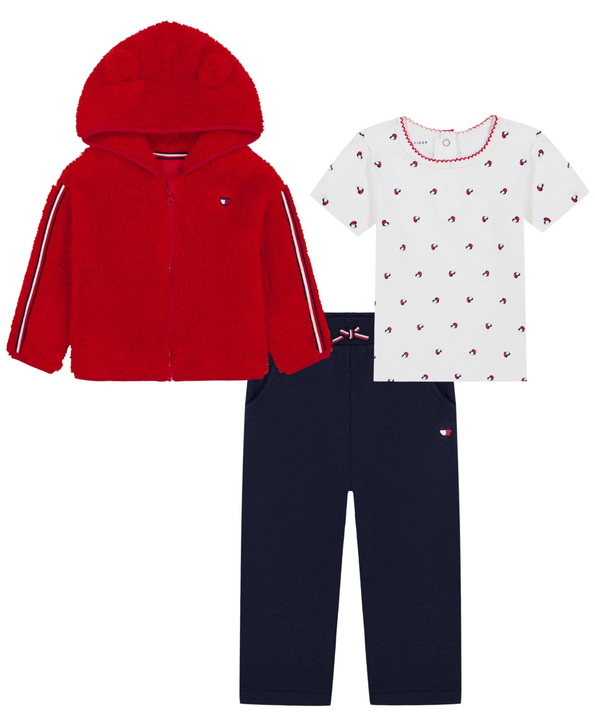 Tommy Hilfiger Baby Girls' Hoodie, Short-Sleeve T-Shirt and Wide-Leg Pants, 3-Piece Set