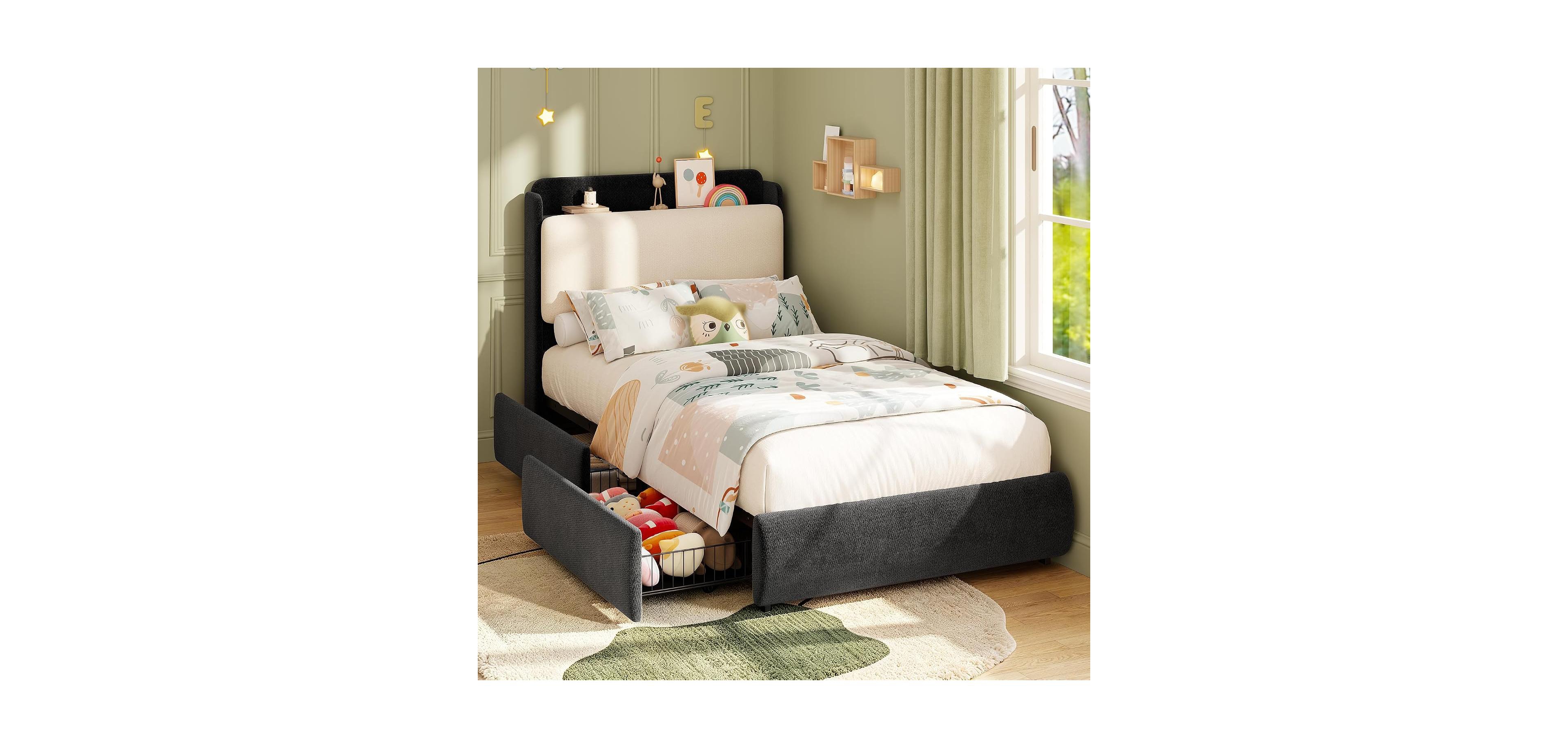 gaomon Twin Size Bed Frame with Recessed Shelf for Kids- Safe twin bed with recessed shelf for books and nightlight, rounded soft corners