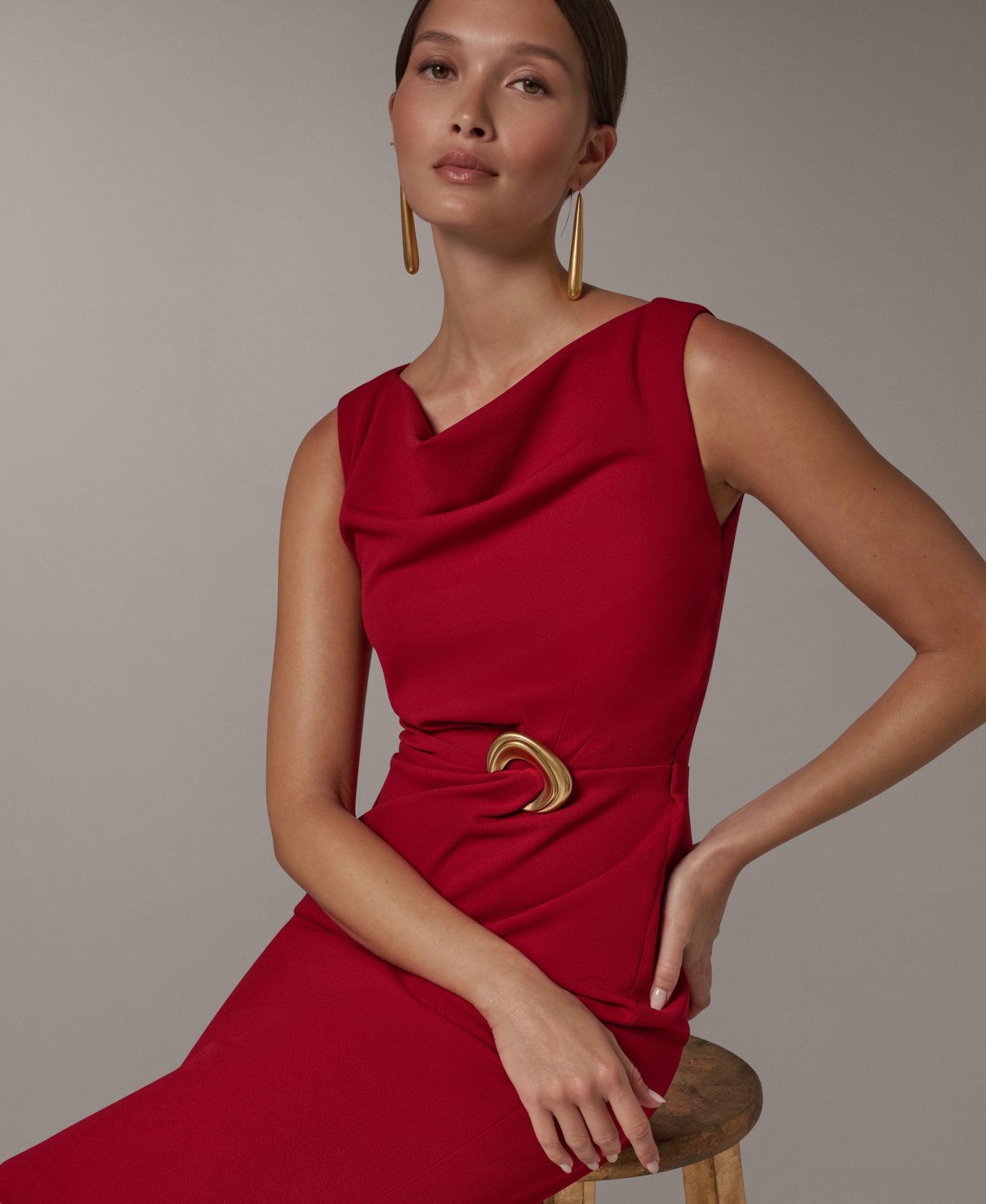 Женское платье Donna Karan New York Sleeveless Cowl-Neck Hardware Sheath, цвет: Красный бархатный — фото 6