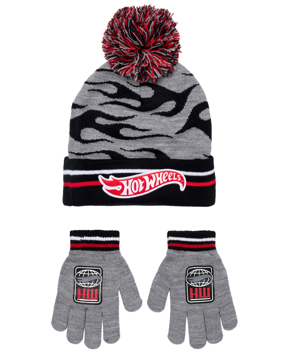 Hot Wheels Boys' Pom-Pom Ribbed Beanie Hat and Gloves, 2-Piece Set