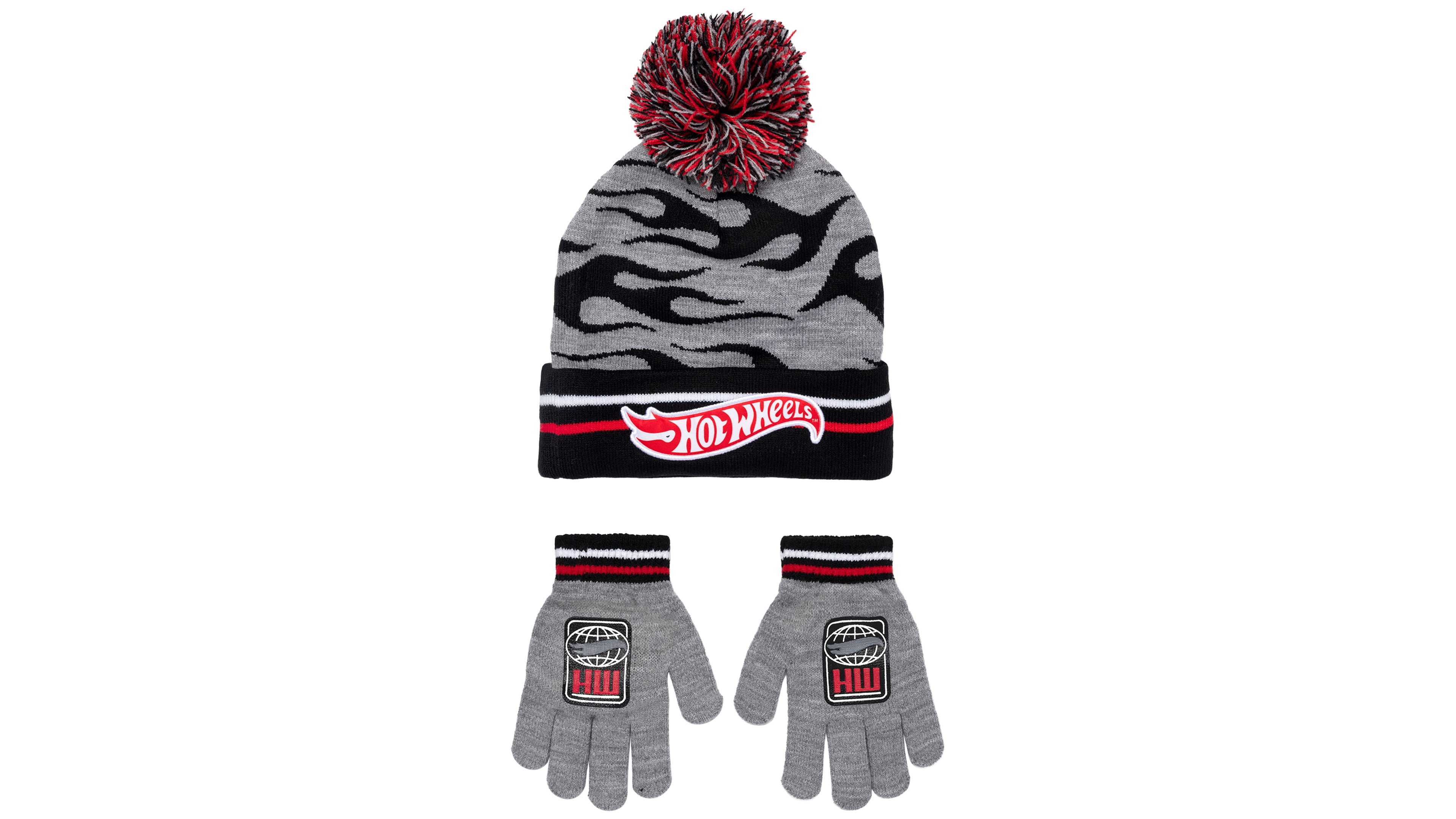 Hot Wheels Boys' Pom-Pom Ribbed Beanie Hat and Gloves, 2-Piece Set