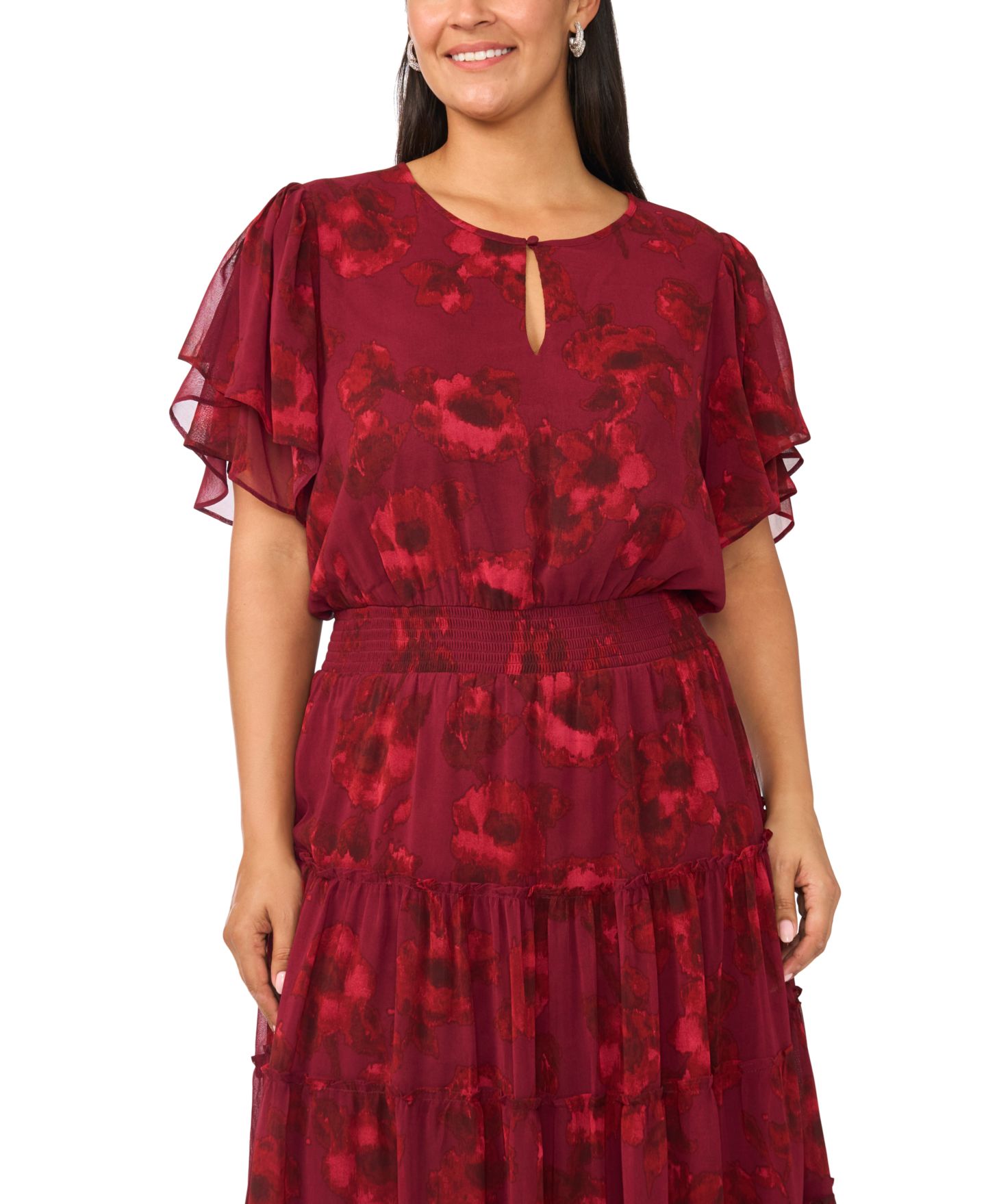 Женское платье MSK Plus Size Floral-Print Tiered Flutter-Sleeve Maxi, цвет: Port — фото 3