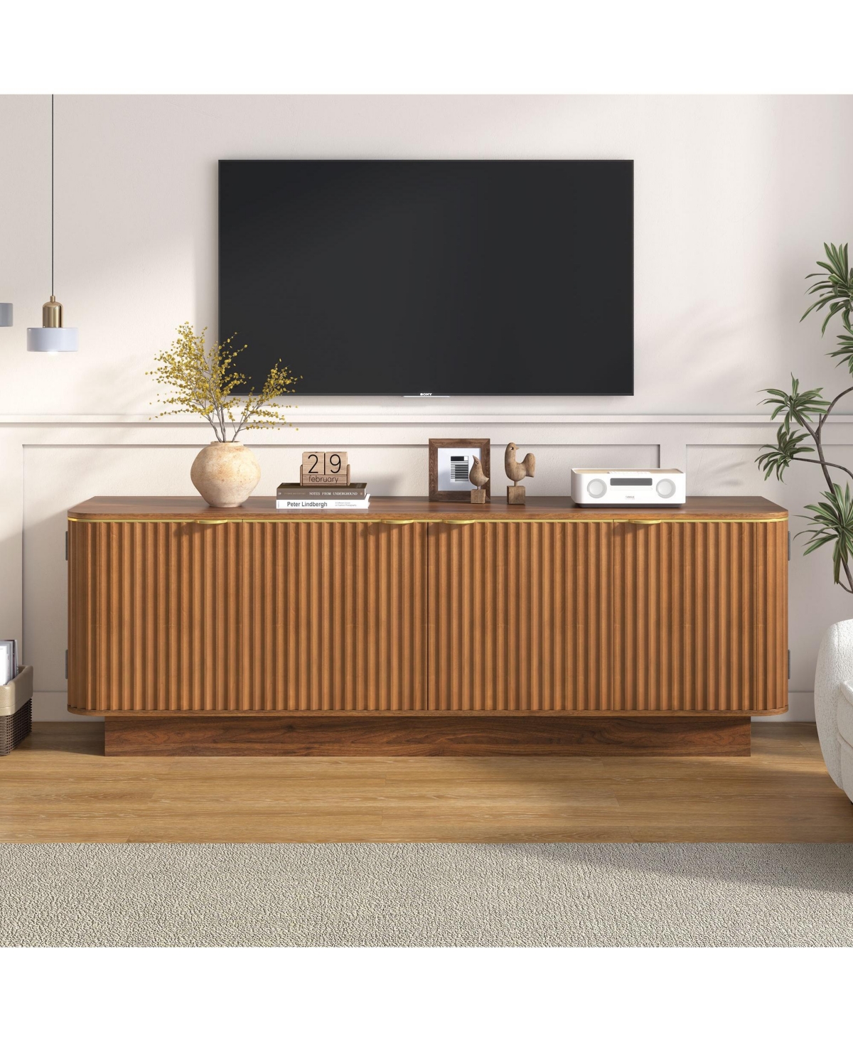 Clihome Mid-Century Modern Tv Stand for 70 Inch Tv, Fluted Wood Media Console with Adjustable Shelves and Cable Holes - Brown