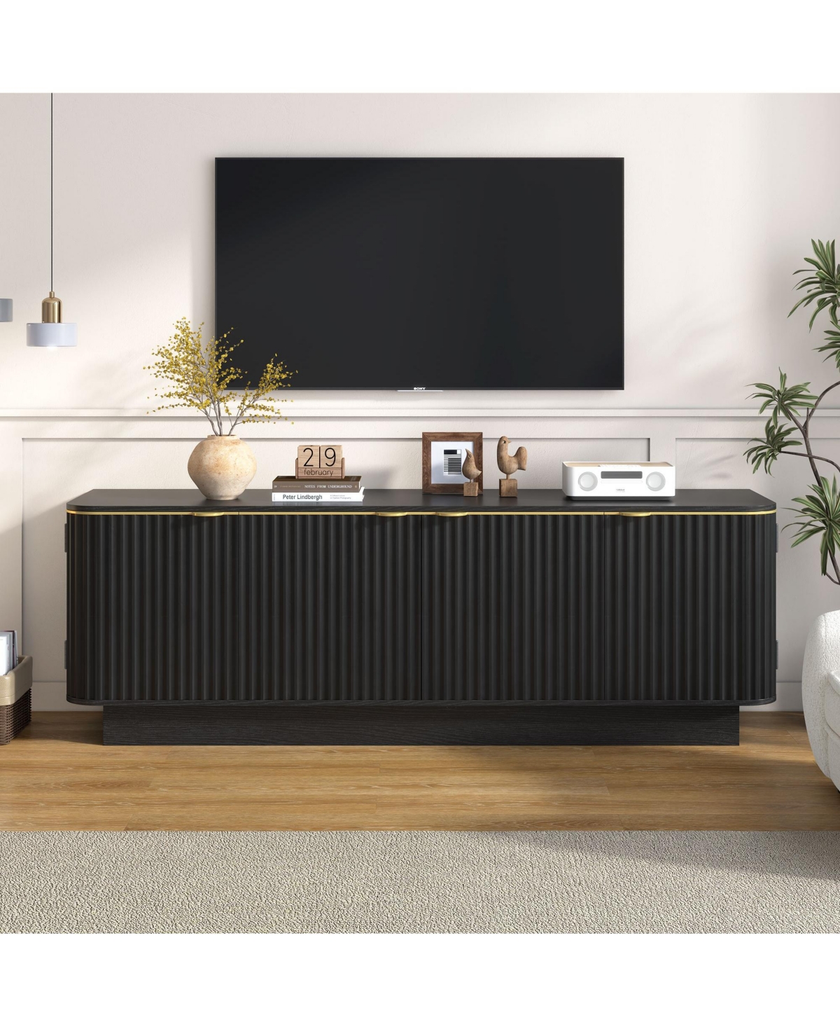 Clihome Mid-Century Modern Tv Stand for 70 Inch Tv, Fluted Wood Media Console with Adjustable Shelves and Cable Holes - Black