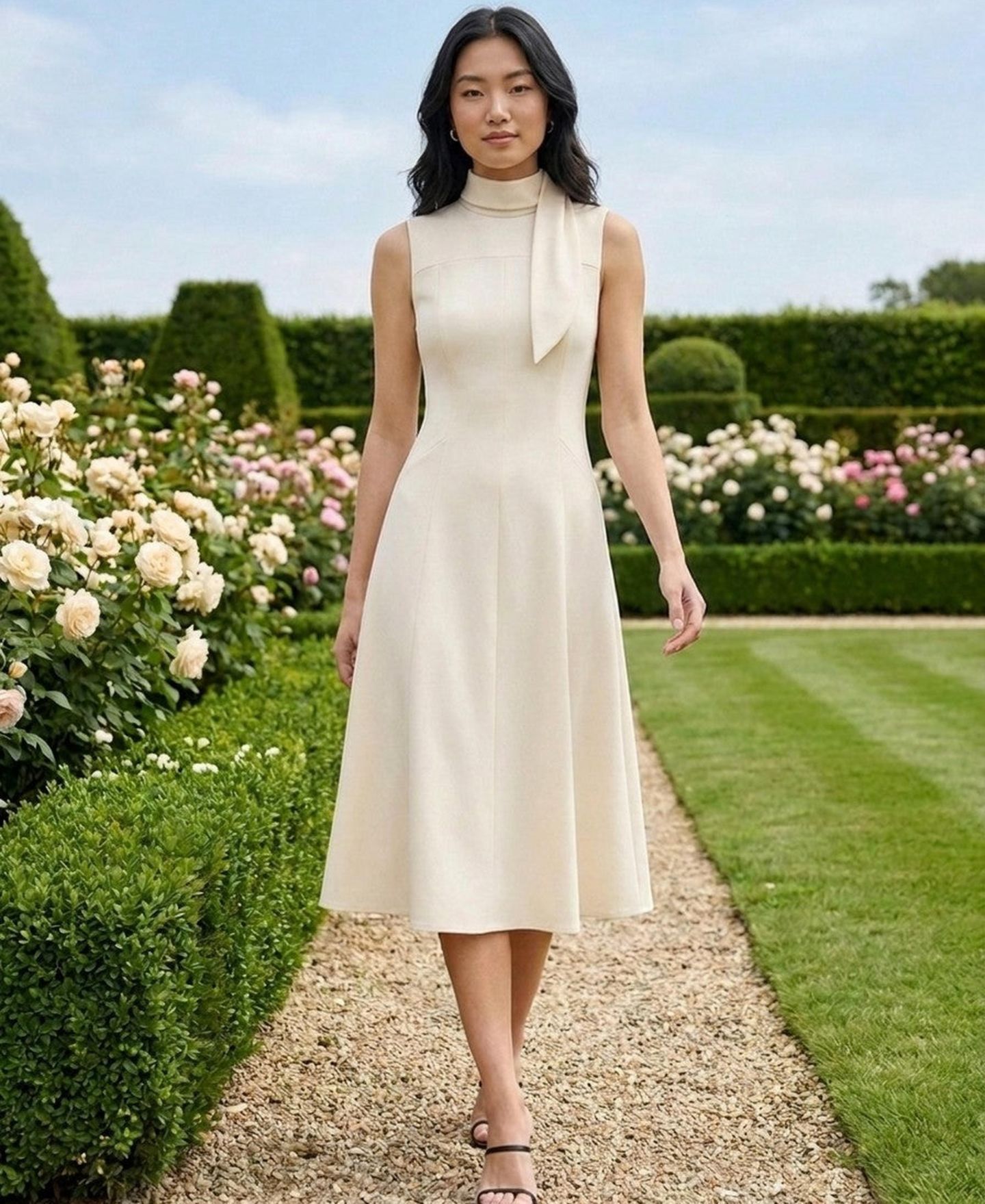 Женское платье Modenaire High-Mock-Neck Sleeveless A-Line Midi, цвет: Бежевый — фото 7