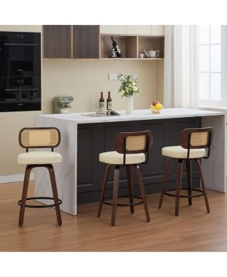 Counter Height Bar Stools Set of 3, Swivel Counter Stools with Cane Back, Upholstered Seat, Rattan Backrest for Island
