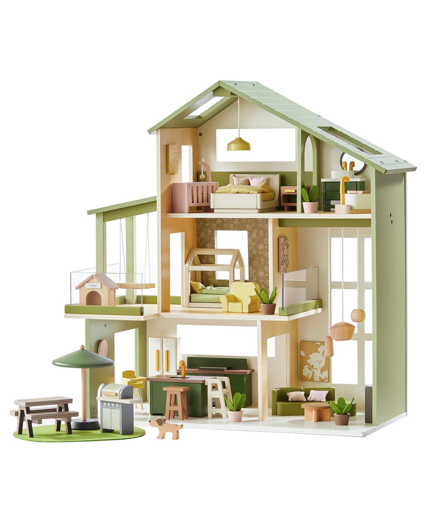 Деревянный 3-этажный кукольный дом Tiny Land Sweetwood Edge, Монтессори, 49 предметов, цвет: Зелёный — фото 1