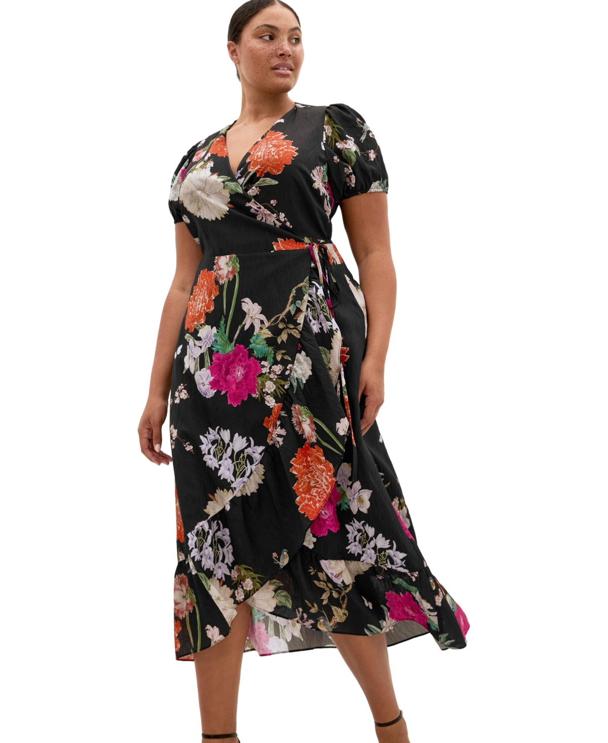 City Chic Plus Belle Floral-Print V-Neck Short-Sleeve Wrap Dress