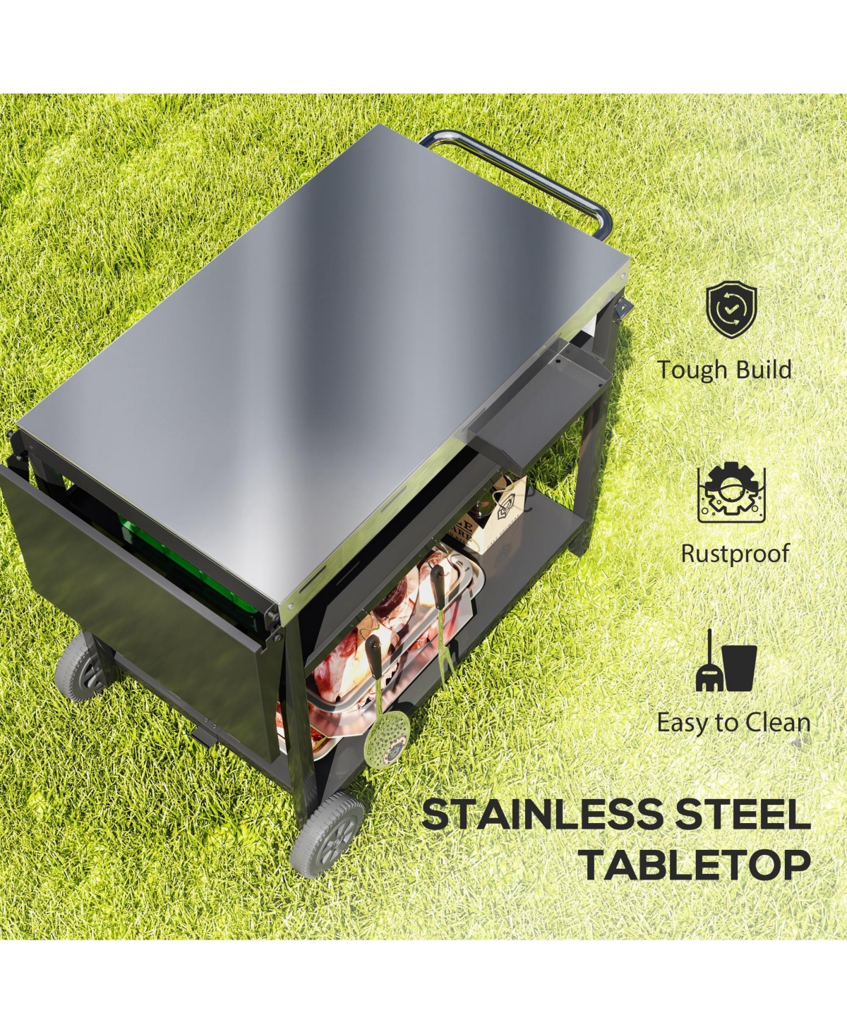 Outsunny Outdoor Bar Cart Grill Table with Wheels, Prep Table with Storage