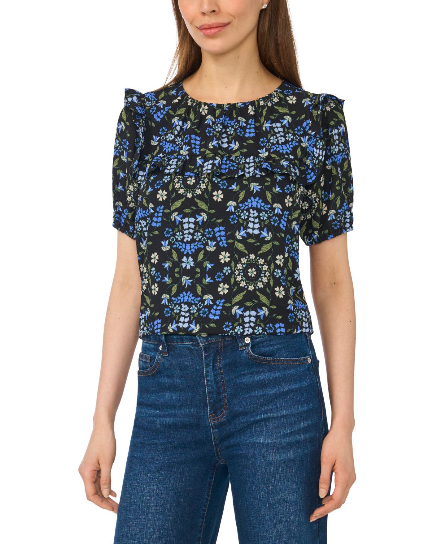Женская блузка CeCe Puff Sleeve Yoke Floral-Print, цвет: Насыщенный чёрный — фото 1