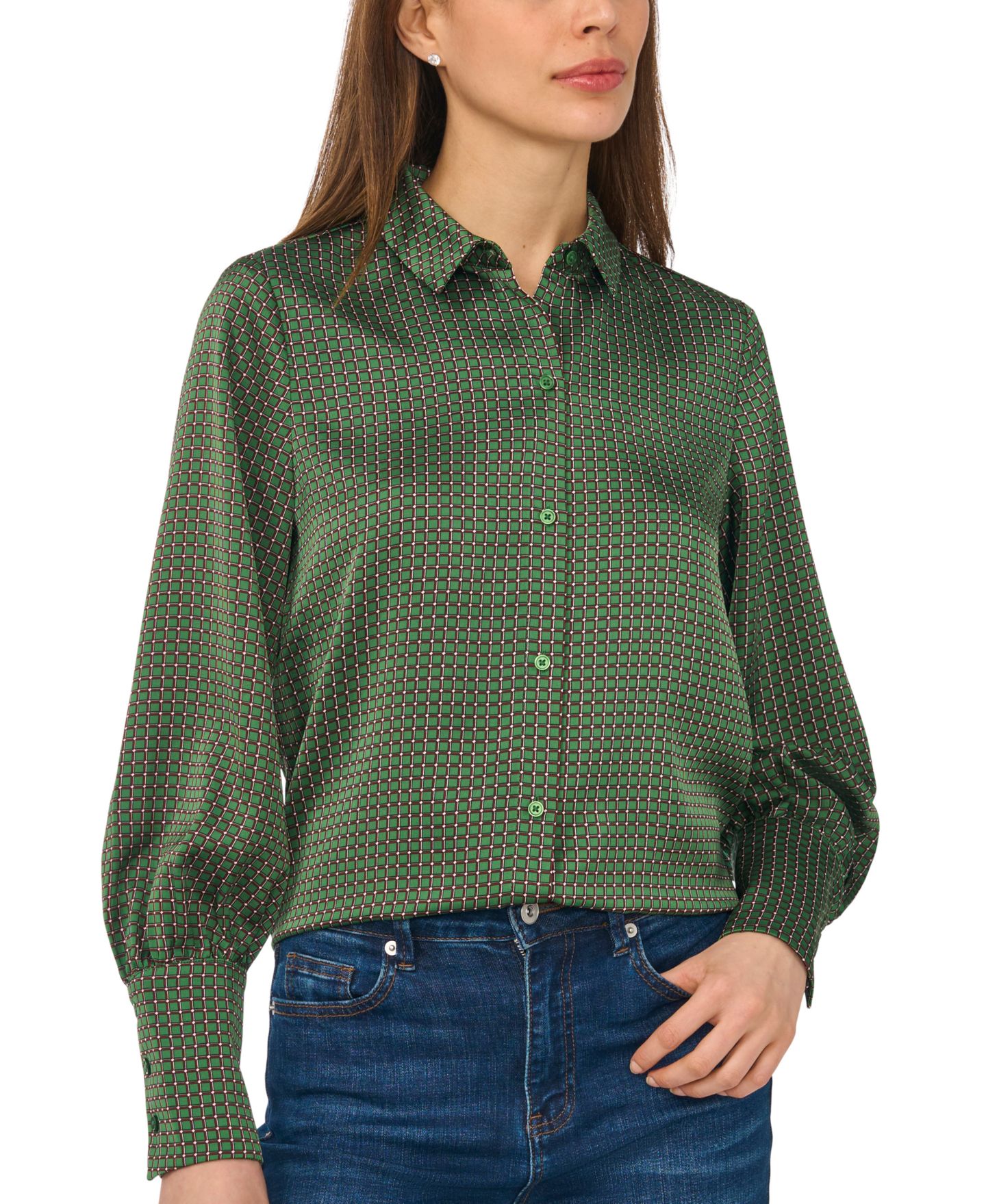 Женская блузка CeCe Long-Sleeve Satin Collared Blouse, цвет: Juniper — фото 1