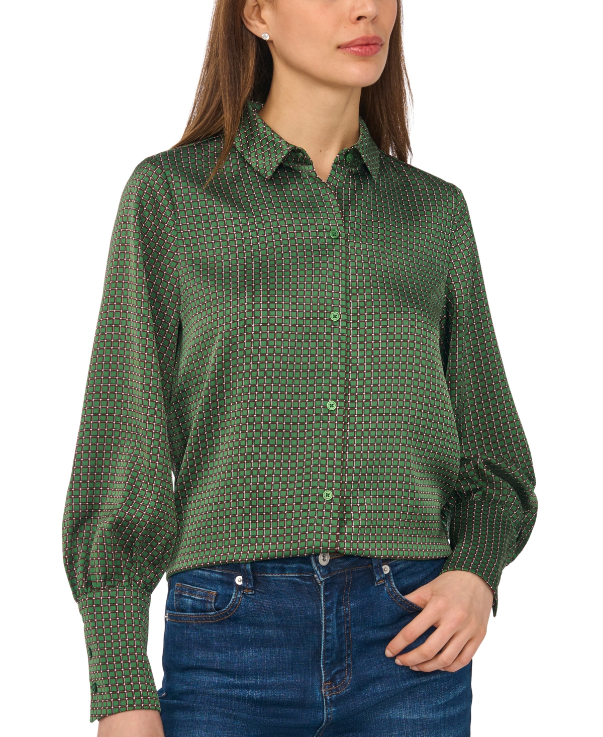 CeCe Women's Long-Sleeve Satin Collared Blouse