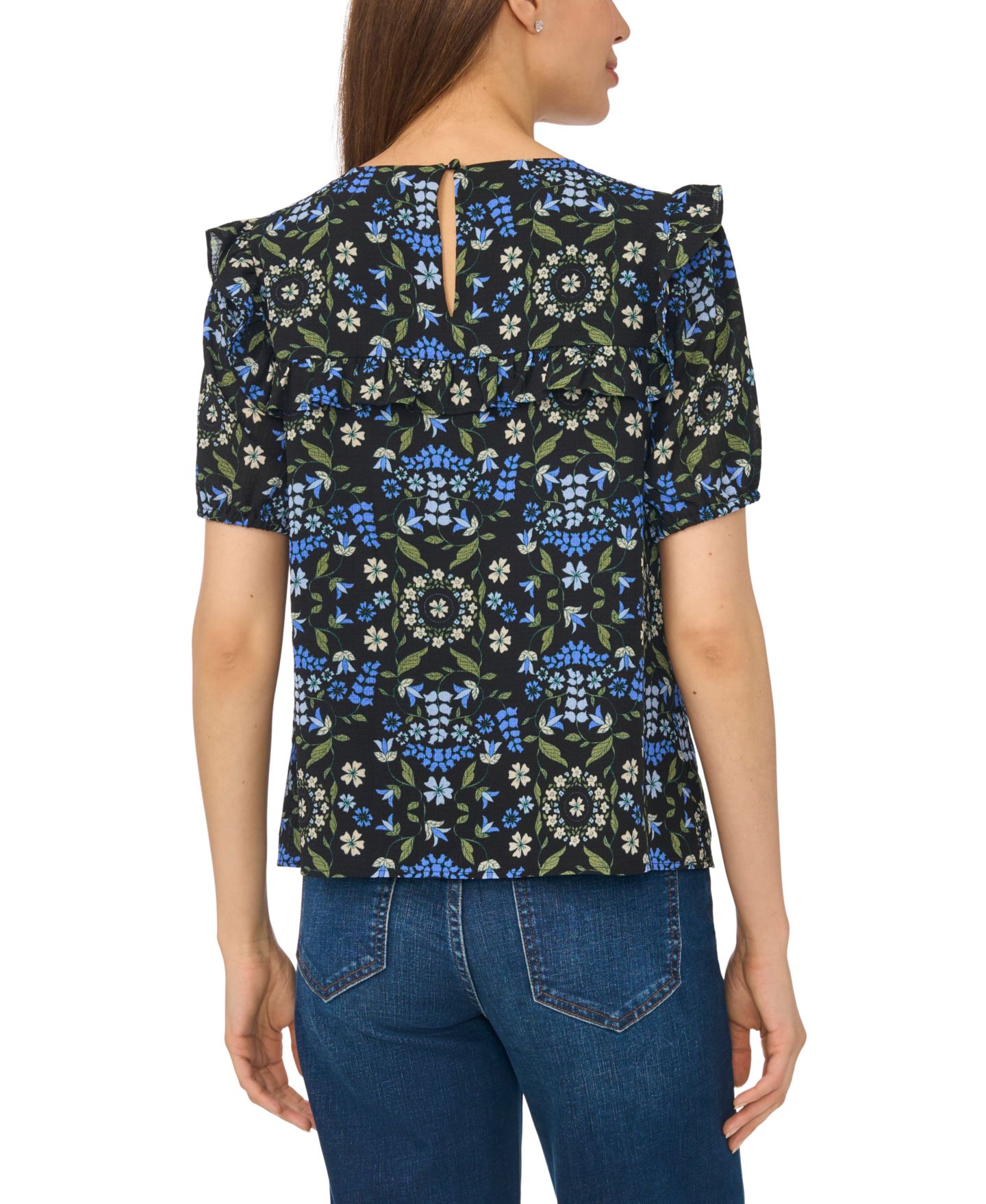 Женская блузка CeCe Puff Sleeve Yoke Floral-Print, цвет: Насыщенный чёрный — фото 3