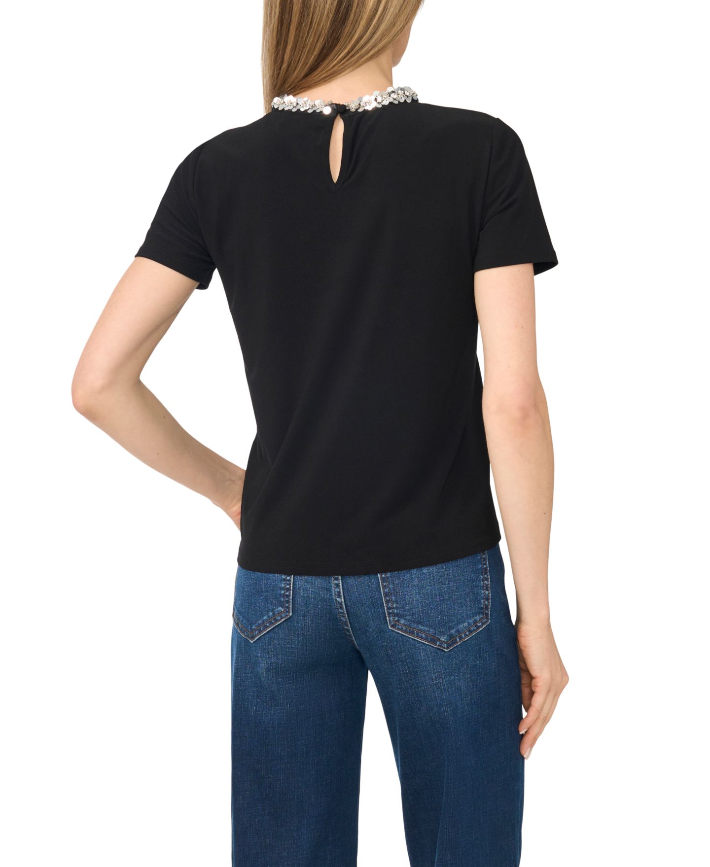 Женская футболка CeCe Short-Sleeve Sequin Crewneck, цвет: Чёрный / Белый — фото 3