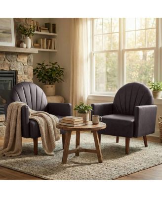 PU Leather Armchairs Set of 2, Shell-Shaped Curved Back, High-Resilience Cushioning, Solid Wood Legs, Reading Chairs
