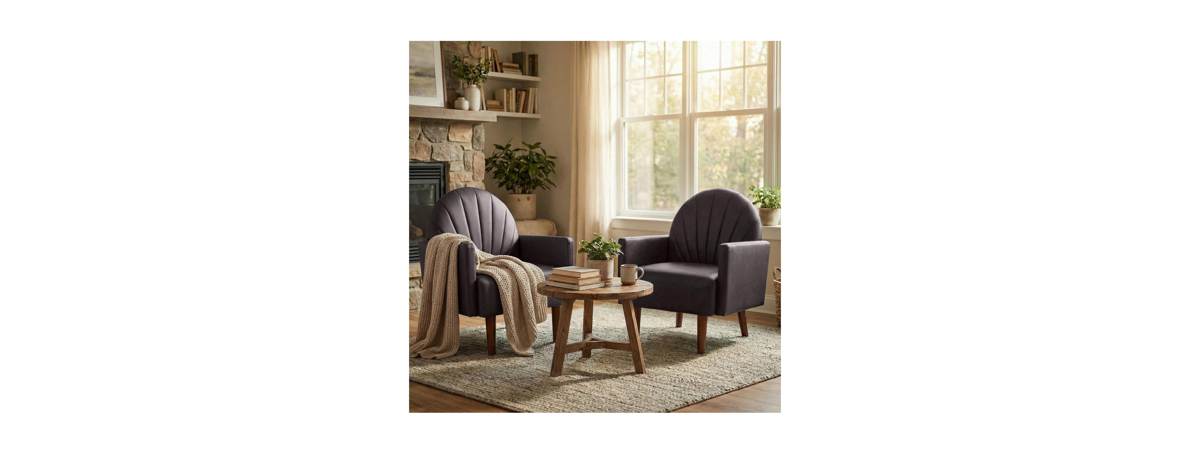 Maison Boucle Pu Leather Armchairs Set of 2, Shell-Shaped Curved Back, High-Resilience Cushioning, Solid Wood Legs, Reading Chairs