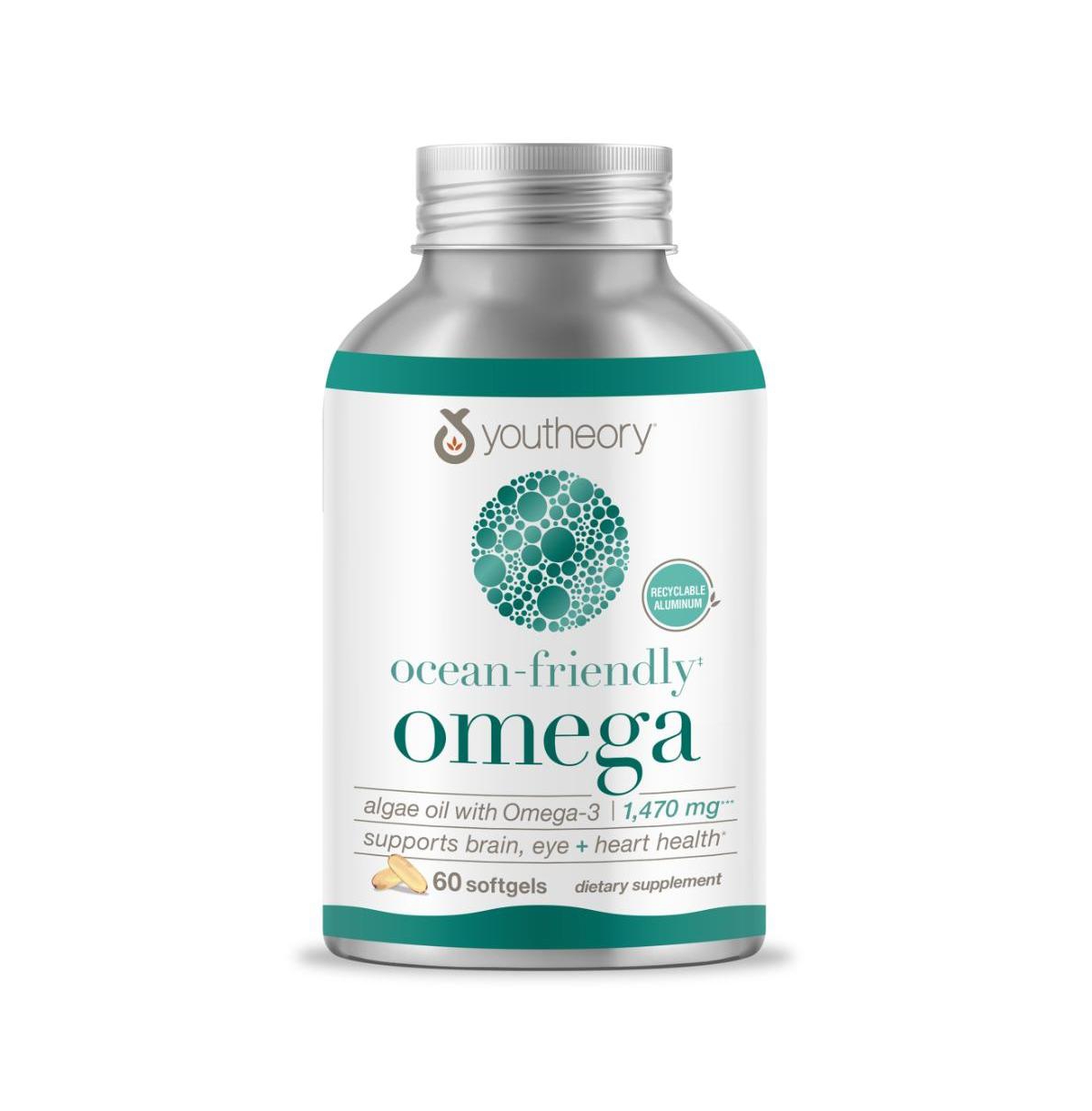 Youtheory Ocean Friendly Omega Algae Omega 3 Softgel with Epa and Dha Heart, Eye and Brain Health Gluten, Soy and Dairy Free 60 Softgels