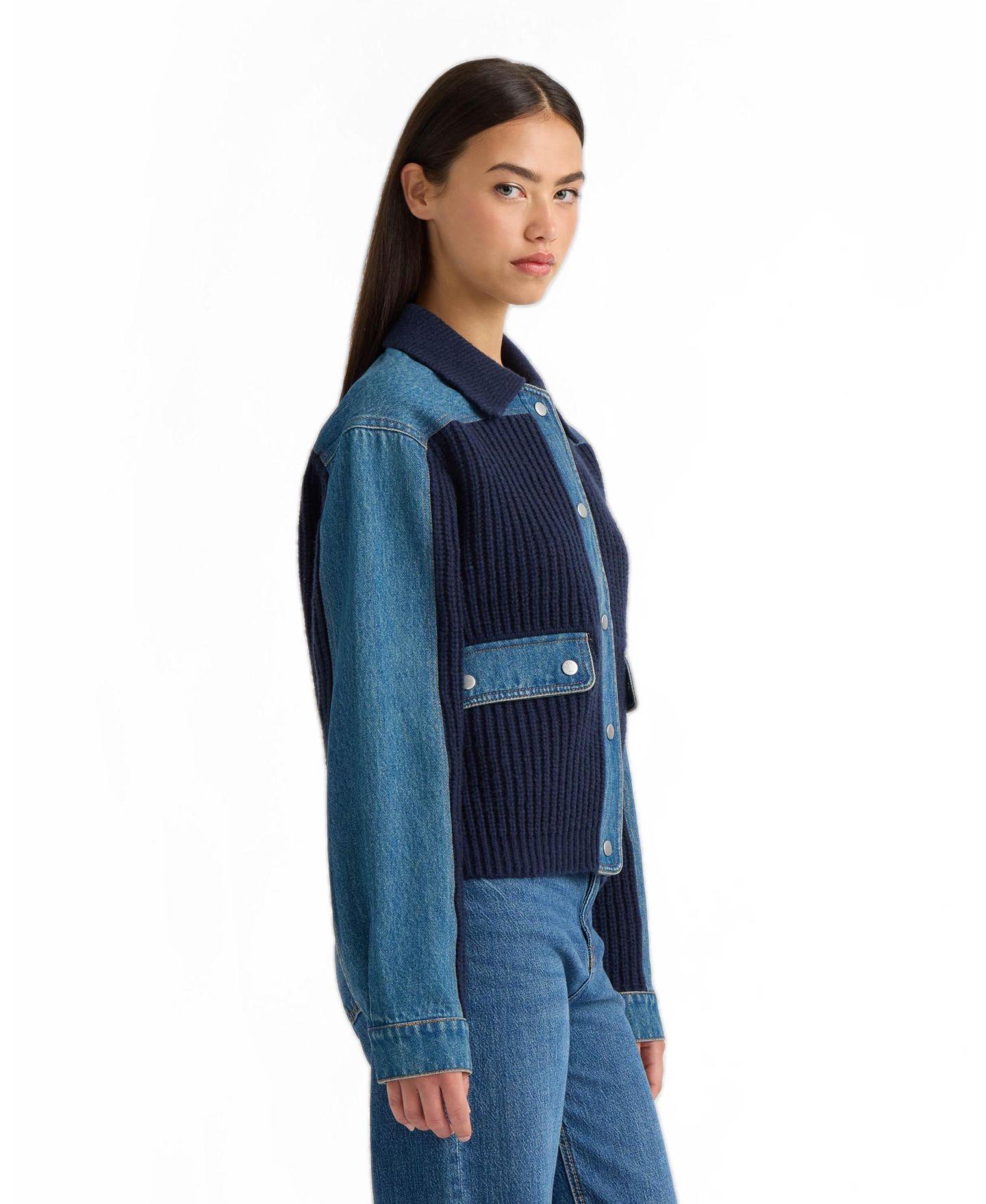 Женская куртка NVLT Denim Trim Long-Sleeve Sweater Jacket, цвет: Тёмно-синий — фото 3