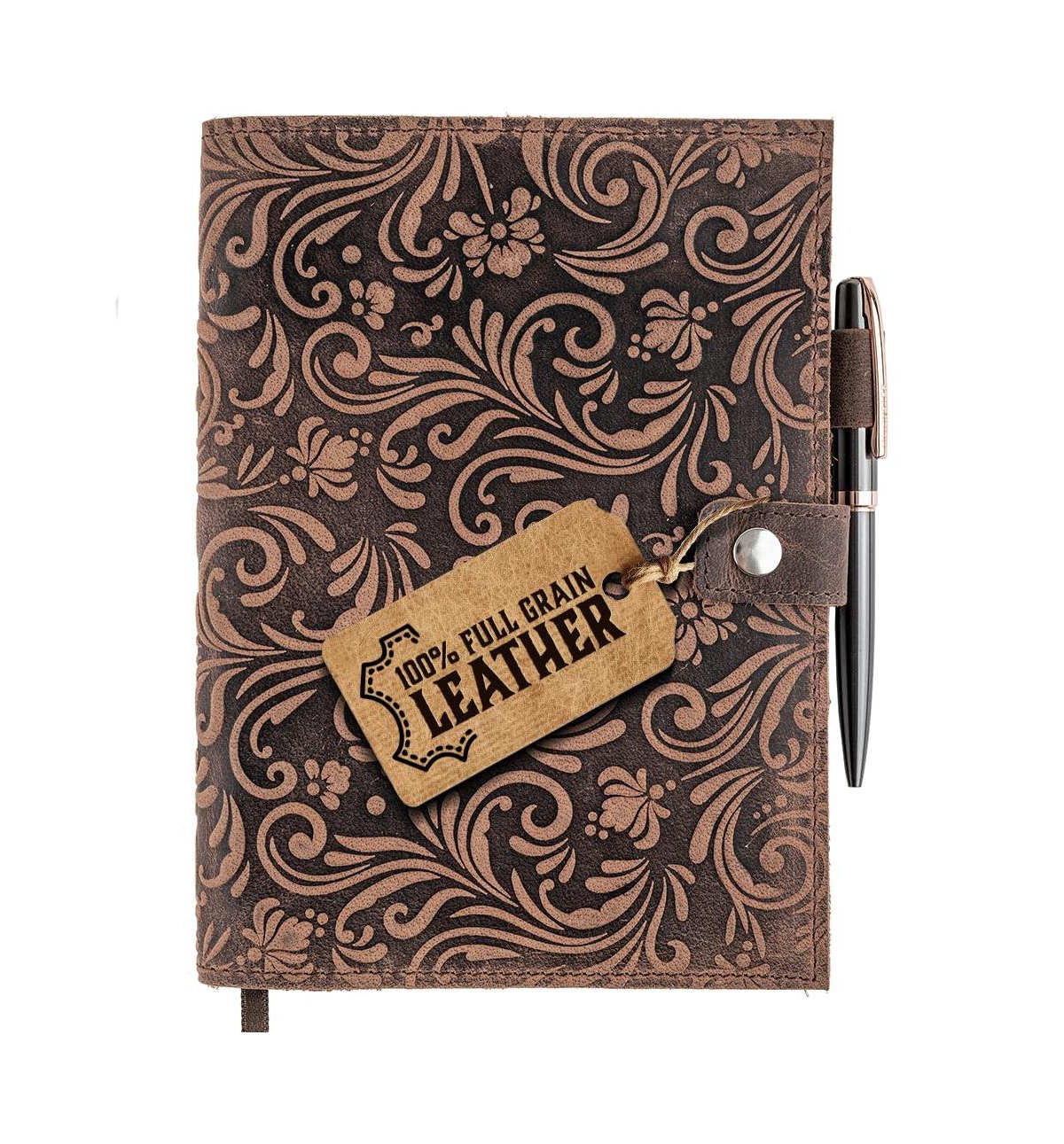 Danrong Refillable Genuine Leather Journal Lined Notebook Embossed Tree of Life with Pen Holder - Rustic flower