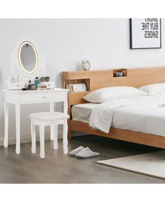 Vanity Table and Chair Set, Princess Kids Dressing Makeup Desk with Rotating LED Mirror, Cushioned Stool, Storage Drawers