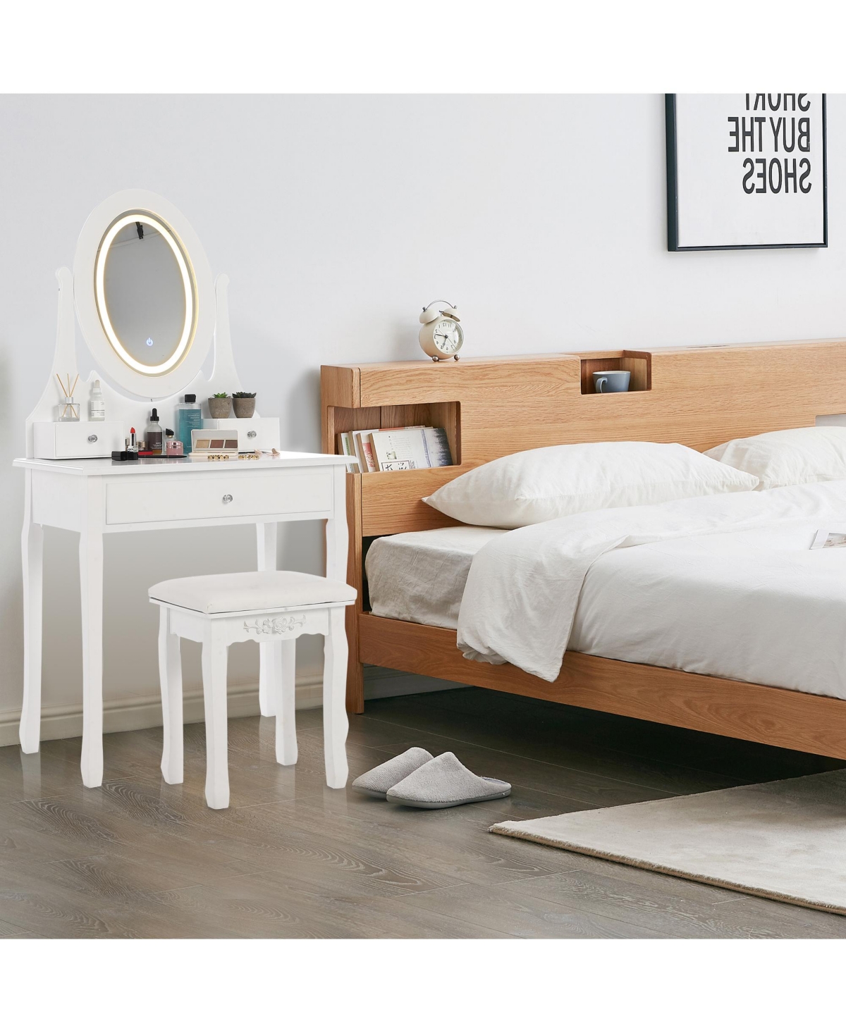 gaomon Vanity Table and Chair Set, Princess Kids Dressing Makeup Desk with Rotating Led Mirror, Cushioned Stool, Storage Drawers
