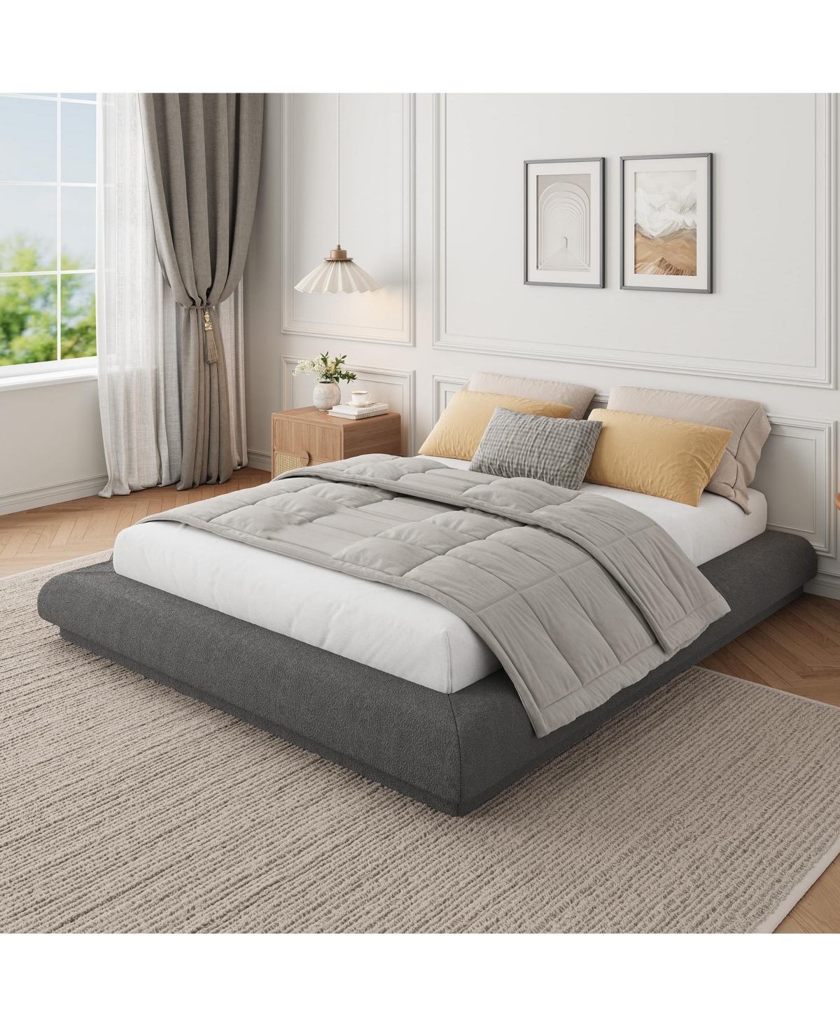 homfan Full Size Upholstered Platform Bed Frame with Cloud-Inspired Design, Lamb Wool, Metal Slats, No Box Spring Required